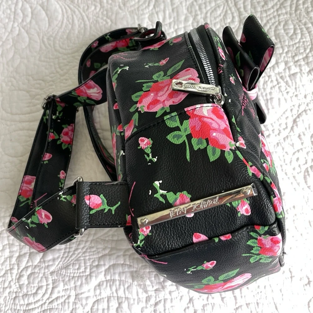 Betsey Johnson Floral Black Mini Backpack with Pink Accents - Picture 10 of 12